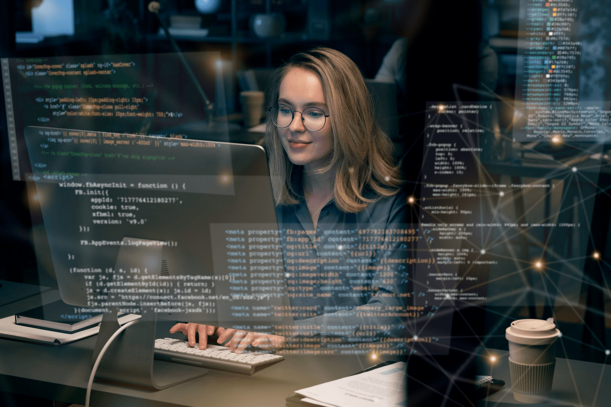 Professional working on a laptop with digital network overlays, representing shadow IT in distributed teams